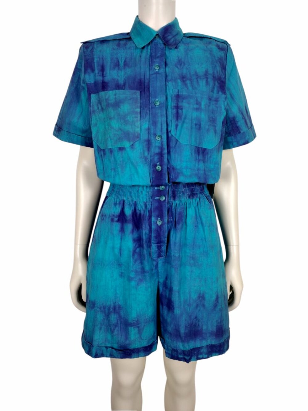 Vintage 1980s Blue Tie Dye Short Sleeve Collared Button Down Playsuit Romper
